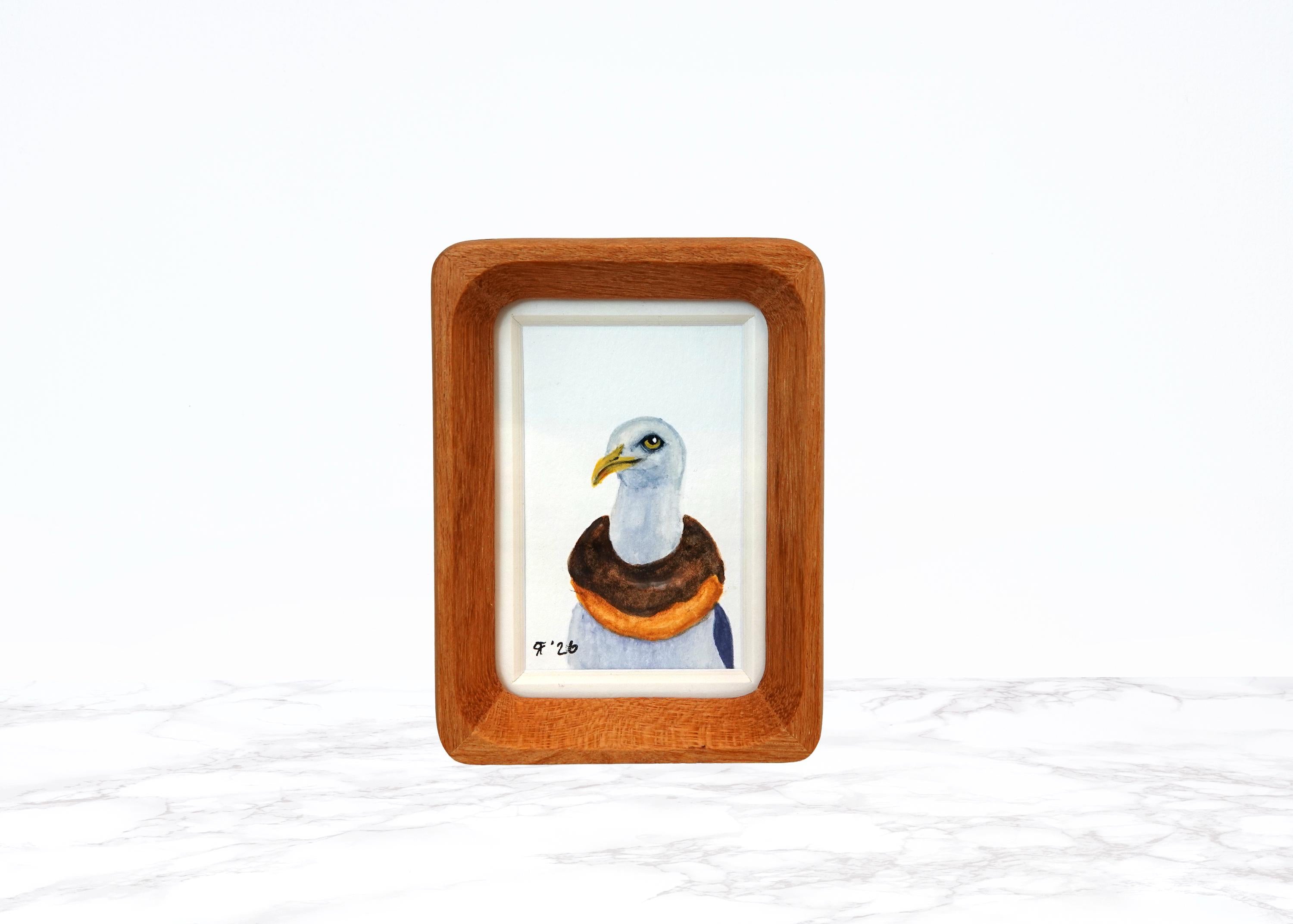 Framed Mini Original Watercolor Painting – Seagull with Donut | 2x3 Tiny Bird Art | Quirky Coastal Decor | OOAK Gift