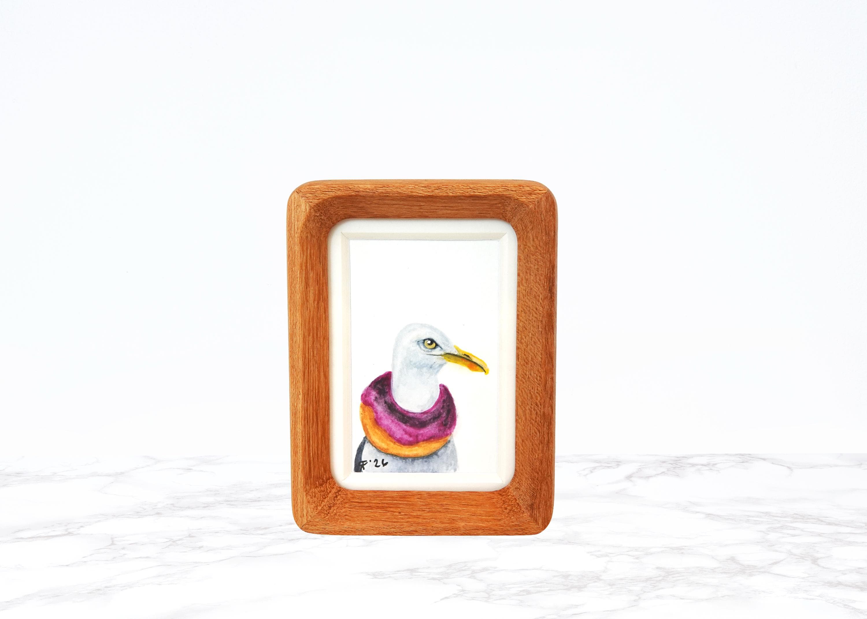 Framed Mini Original Watercolor Painting – Seagull with Donut | 2x3 Tiny Bird Art | Quirky Coastal Decor | OOAK Gift