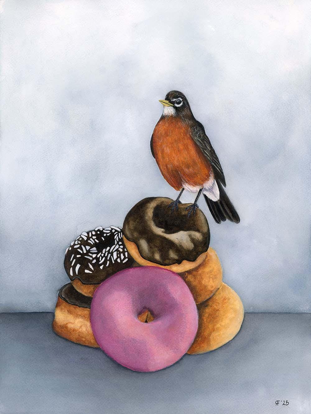 American Robin on Donuts Art Print | Whimsical Bird Watercolor Giclée | Funny Bird Wall Art | Cottagecore Kitchen Decor | Bird Lover Gift