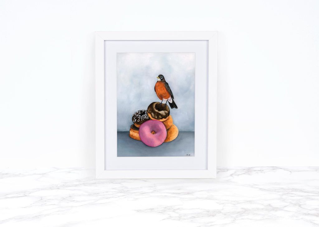 American Robin on Donuts Art Print | Whimsical Bird Watercolor Giclée | Funny Bird Wall Art | Cottagecore Kitchen Decor | Bird Lover Gift