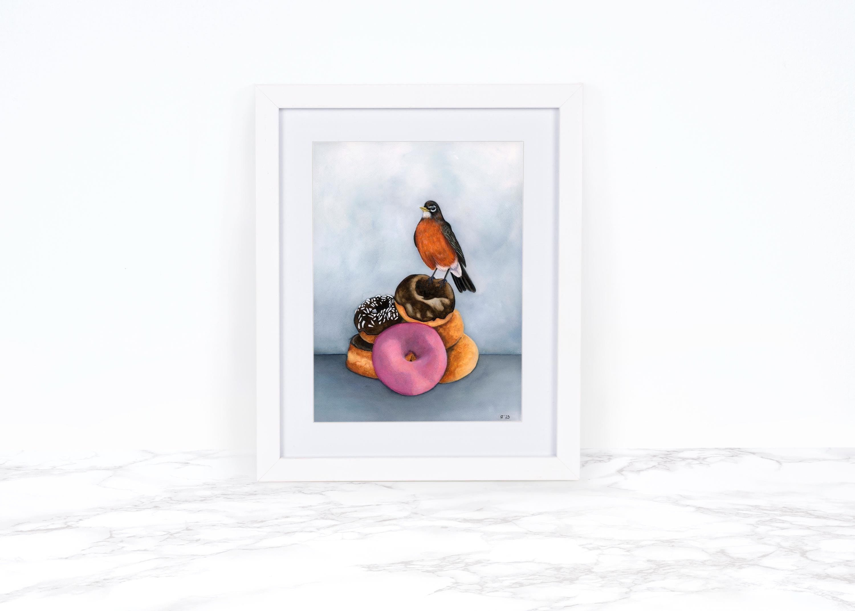 American Robin on Donuts Art Print | Whimsical Bird Watercolor Giclée | Funny Bird Wall Art | Cottagecore Kitchen Decor | Bird Lover Gift