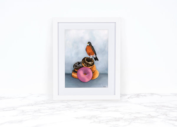 American Robin on Donuts Art Print | Whimsical Bird Watercolor Giclée | Funny Bird Wall Art | Cottagecore Kitchen Decor | Bird Lover Gift