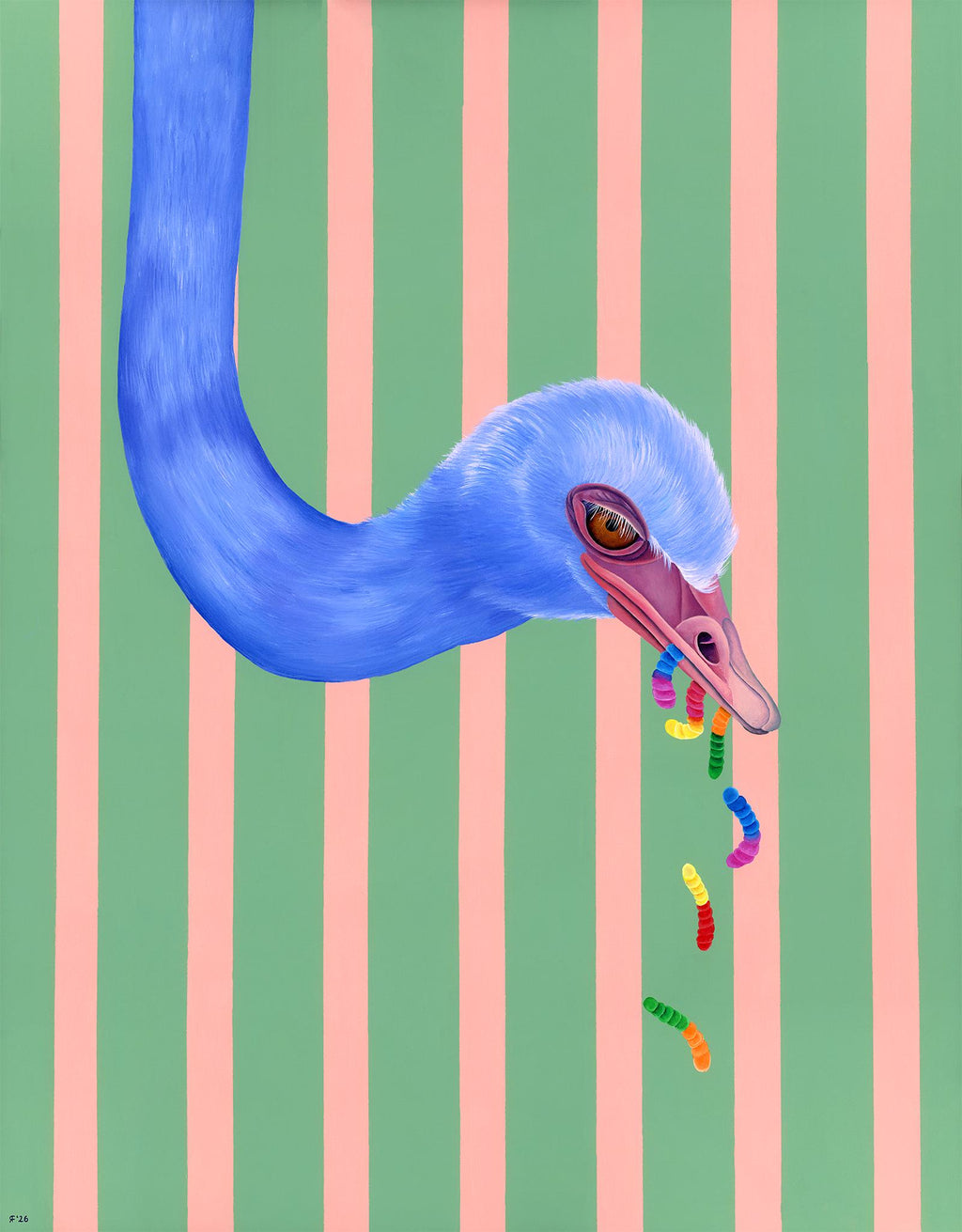 Worm Couture Ostrich Watercolor Print | Funny Bird Wall Art | Whimsical Animal Art