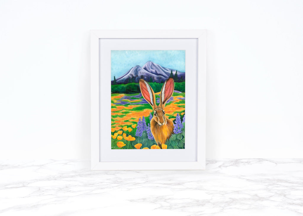 Jackrabbit Watercolor Print | Mt. Shasta Wildflower Art | California Poppies & Lupines | Rabbit Landscape | Nature Wall Art