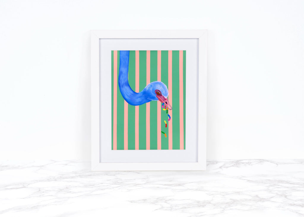 Worm Couture Ostrich Watercolor Print | Funny Bird Wall Art | Whimsical Animal Art