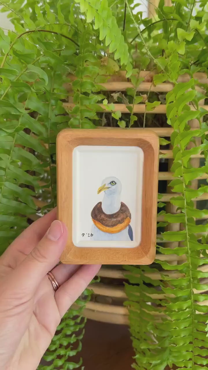 Framed Mini Original Watercolor Painting – Seagull with Donut | 2x3 Tiny Bird Art | Quirky Coastal Decor | OOAK Gift