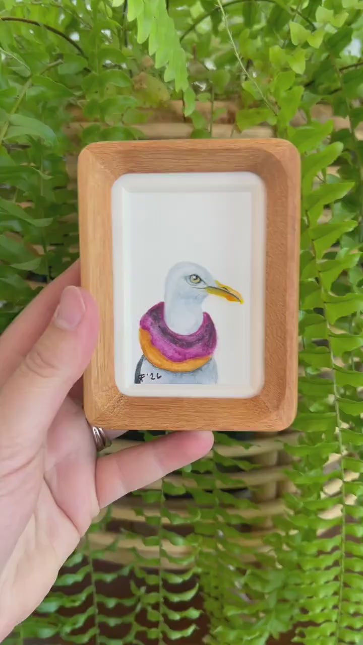 Framed Mini Original Watercolor Painting – Seagull with Donut | 2x3 Tiny Bird Art | Quirky Coastal Decor | OOAK Gift