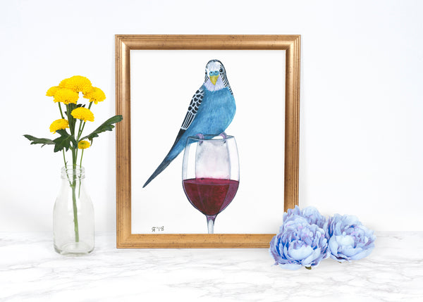 Budgie and Red Wine - Original Watercolor Painting
