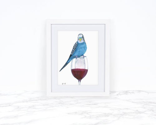 Budgie and Red Wine - Original Watercolor Painting