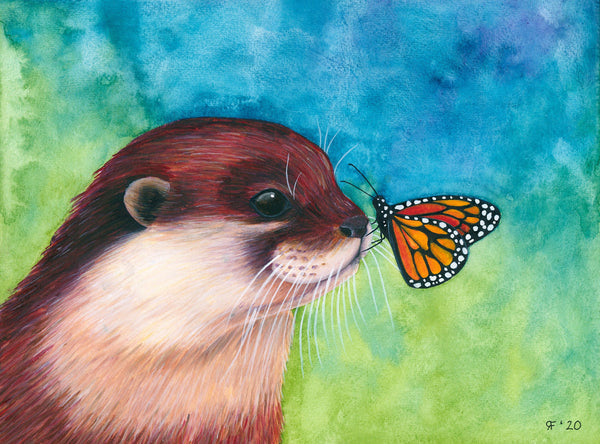 River Otter Print, Butterfly Art Print, Whimsical Animal Art Print, Whimsical Art Print Watercolor, Wildlife Art Print