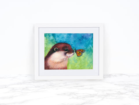 River Otter Print, Butterfly Art Print, Whimsical Animal Art Print, Whimsical Art Print Watercolor, Wildlife Art Print