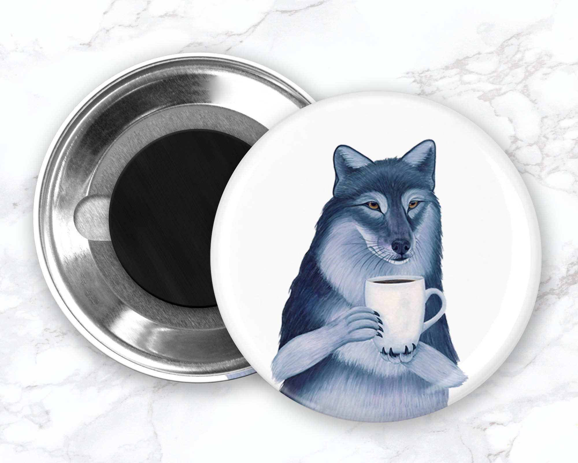 Gray Wolf With Coffee Magnet, Funny Wolf Magnet, Refrigerator Magnets, Funny Fridge Magnets, Kitchen Decor, Animal Magnet