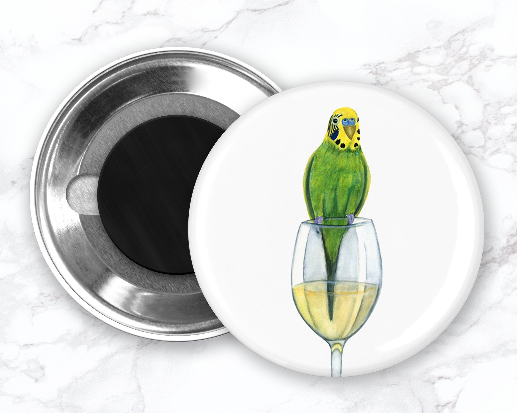 Funny Parakeet Magnet, Green Budgie Magnet, Funny Bird Magnet, White Wine Magnet, Parakeet Fridge Magnet, Funny Wine Magnet