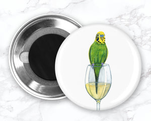 Funny Parakeet Magnet, Green Budgie Magnet, Funny Bird Magnet, White Wine Magnet, Parakeet Fridge Magnet, Funny Wine Magnet
