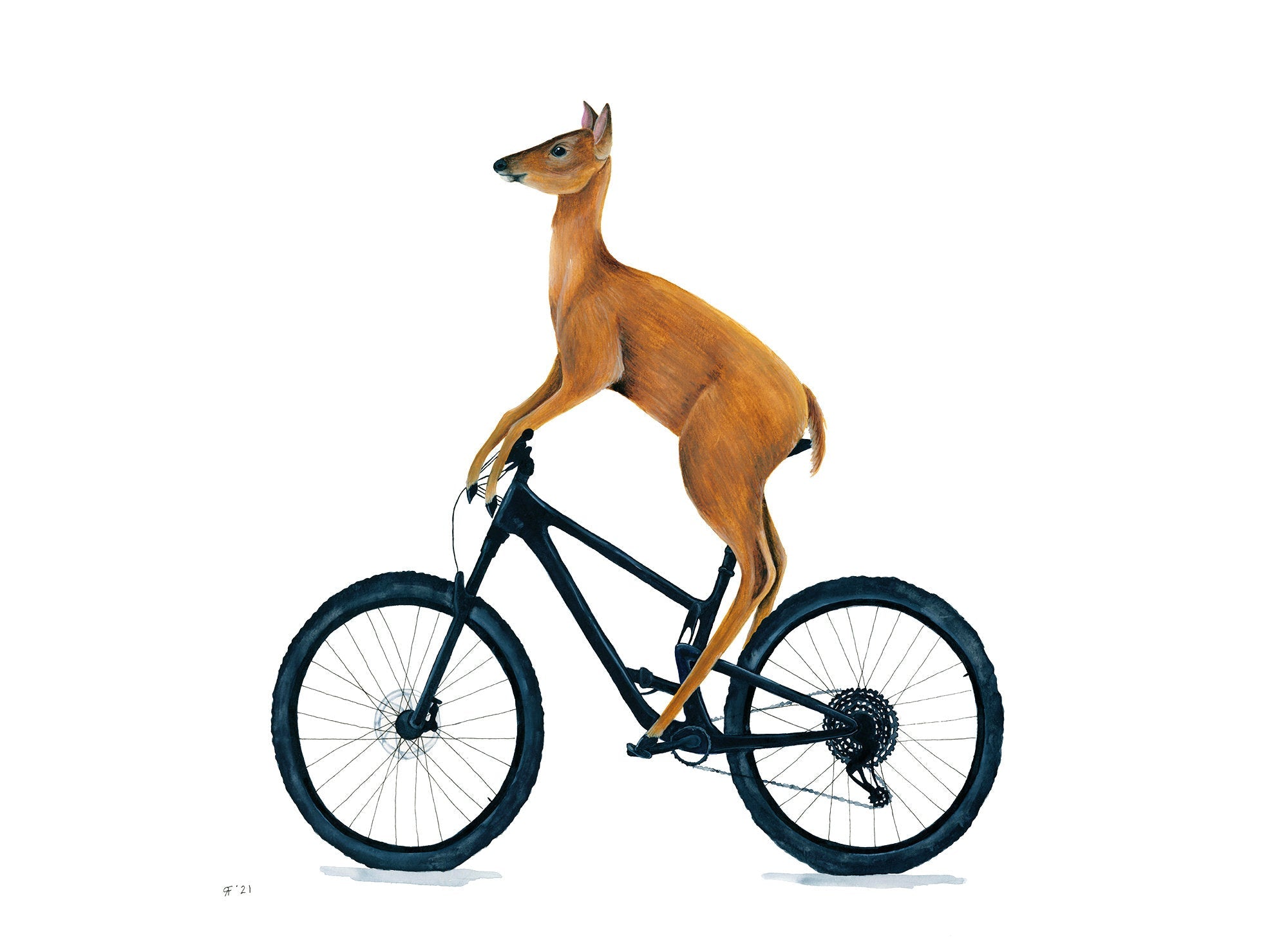 Mountain Bike Wall Art, Watercolor Deer Painting, Whimsical Art Print Watercolor Painting, Mountain Bike Art, Downhill Mountain Biking