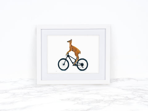 Mountain Bike Wall Art, Watercolor Deer Painting, Whimsical Art Print Watercolor Painting, Mountain Bike Art, Downhill Mountain Biking