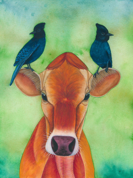 Watercolor Cow Painting, Cow Art Print, Watercolor Bird Art Print, Farm Animal Print, Whimsical Art Print Watercolor Painting