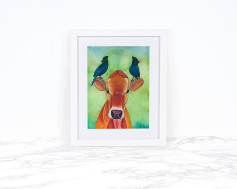 Watercolor Cow Painting, Cow Art Print, Watercolor Bird Art Print, Farm Animal Print, Whimsical Art Print Watercolor Painting