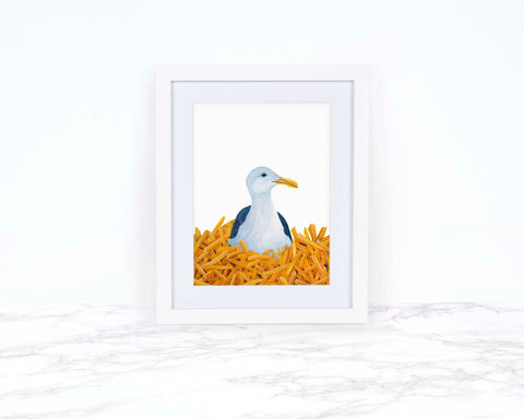 Seagull Art Print Funny Food Gift Whimsical Animal Art Watercolor Art Print Watercolor Bird Art Beach Decor Coastal Wall Art French Fry