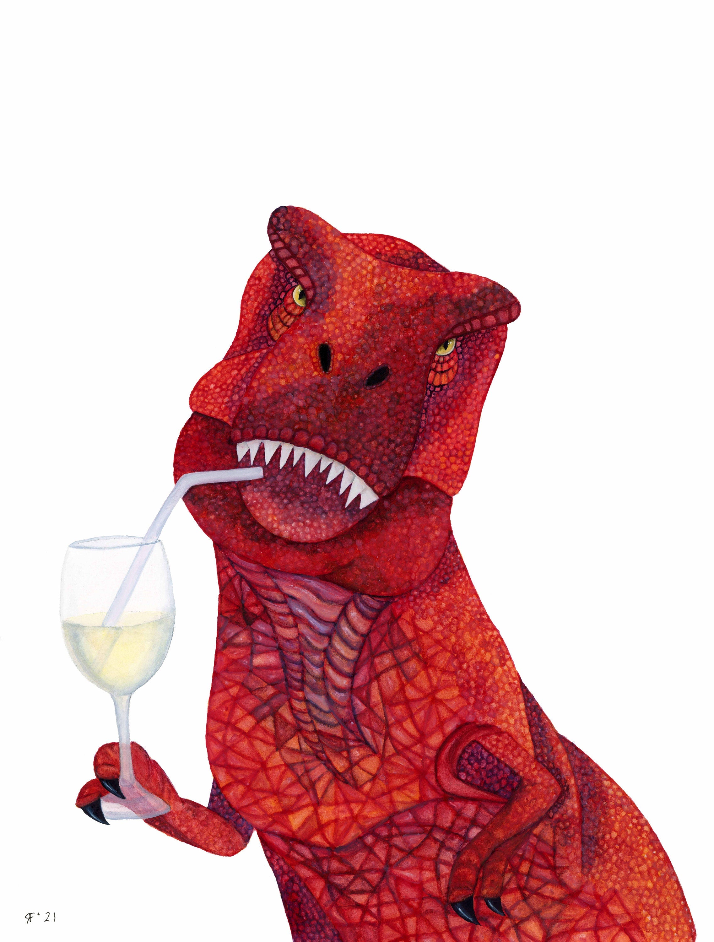 Watercolor Dinosaur Art Print, T Rex Art Print, White Wine Art Print, Whimsical Animal Art Print, Kitchen Wall Decor, Dinosaur Kitchen Decor