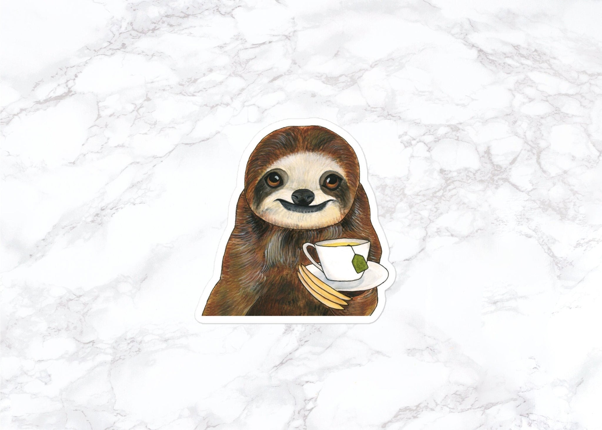 Sloth with Tea Sticker, Water Bottle Stickers, Laptop Stickers, Laptop Decals, Funny Stickers, Watercolor Stickers