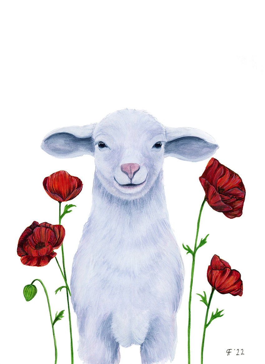 Lamb with Red Poppies, Sheep Art Print, Farmhouse Decor, Nursery Decor, Whimsical Animal Art Print, Whimsical Art Print, Watercolor Painting