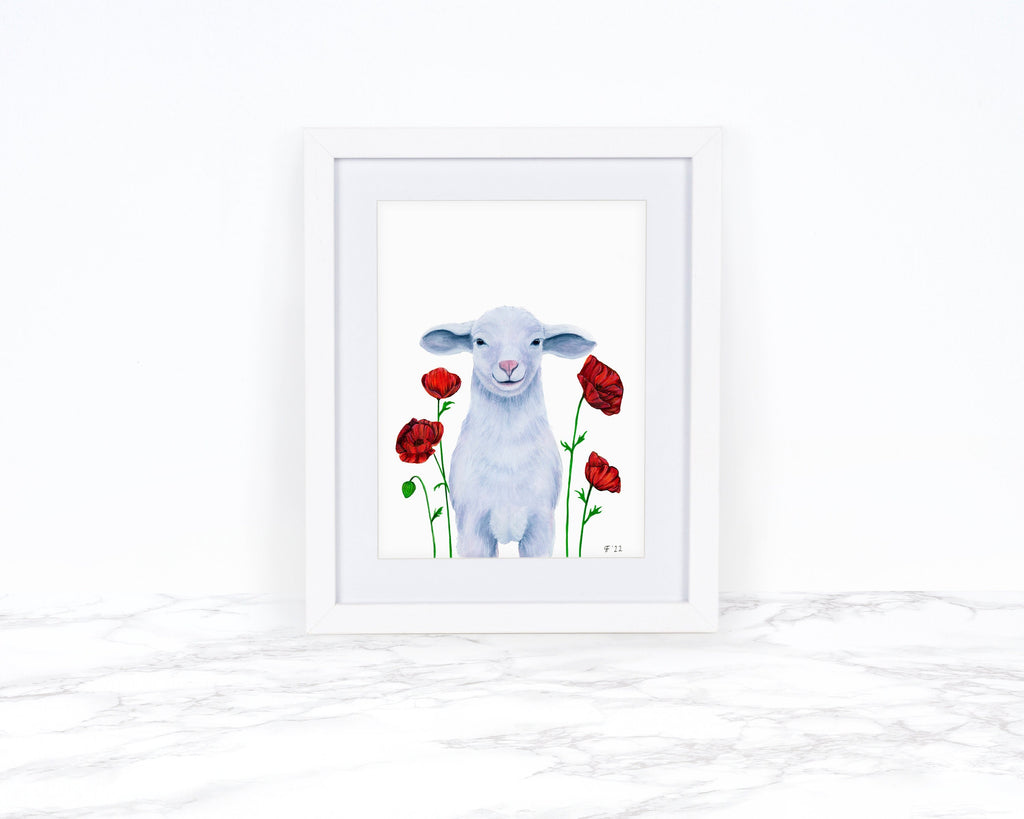 Lamb with Red Poppies, Sheep Art Print, Farmhouse Decor, Nursery Decor, Whimsical Animal Art Print, Whimsical Art Print, Watercolor Painting