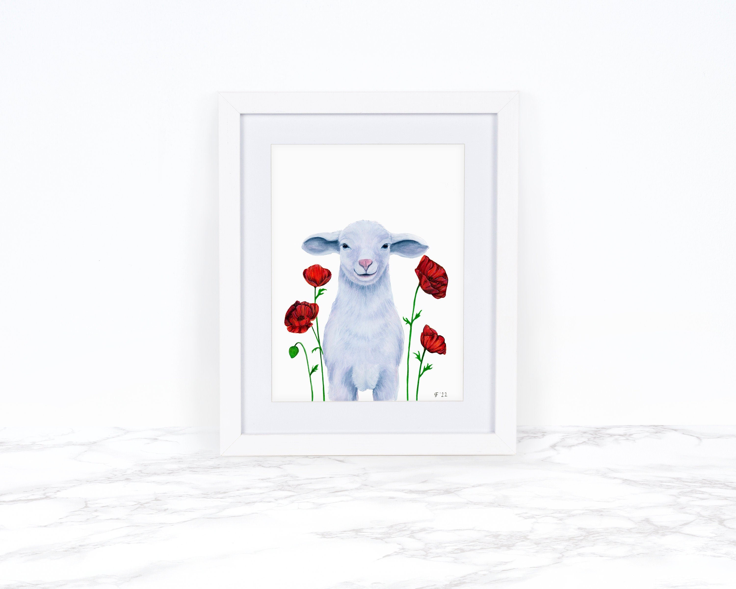 Lamb with Red Poppies, Sheep Art Print, Farmhouse Decor, Nursery Decor, Whimsical Animal Art Print, Whimsical Art Print, Watercolor Painting