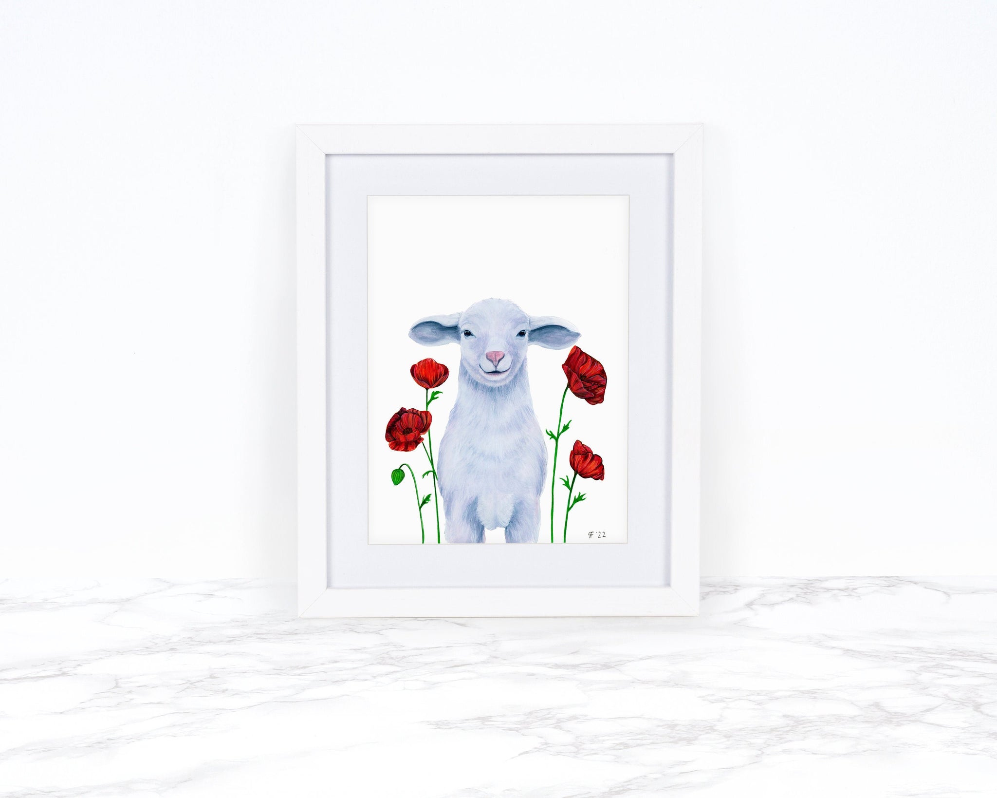Lamb with Red Poppies, Sheep Art Print, Farmhouse Decor, Nursery Decor, Whimsical Animal Art Print, Whimsical Art Print, Watercolor Painting