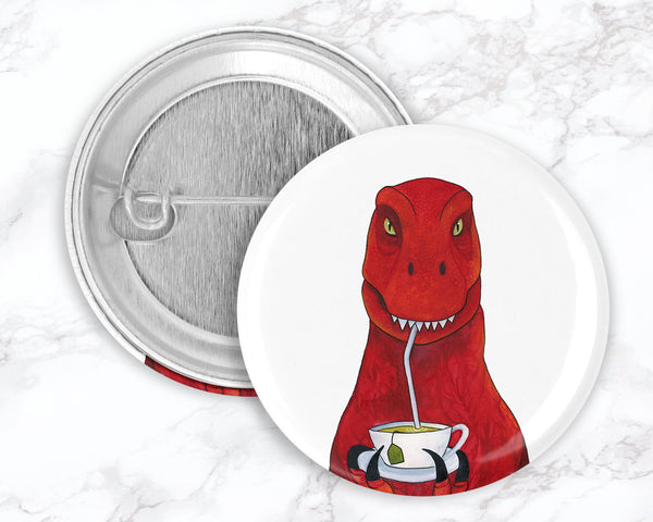 Dinosaurs with Coffee and Tea Pinback Button Set, Funny Dinosaur Pin, Funny Dinosaur Pinback Buttons, Backpack Accessory, Dinosaur Gift