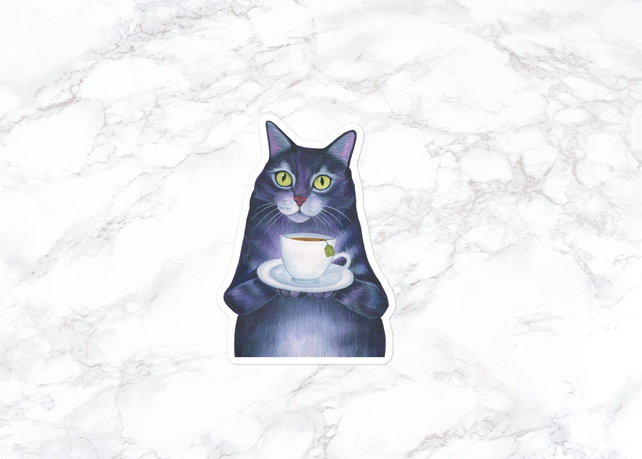 Cat with Tea Sticker, Funny Cat Sticker, Water Bottle Stickers, Laptop Stickers, Laptop Decals, Funny Stickers, Watercolor Stickers