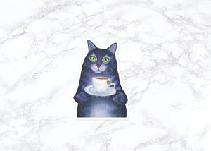 Cat with Tea Sticker, Funny Cat Sticker, Water Bottle Stickers, Laptop Stickers, Laptop Decals, Funny Stickers, Watercolor Stickers