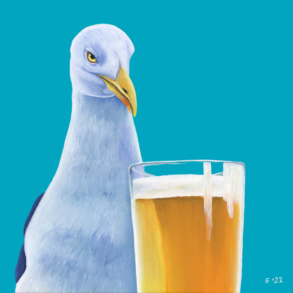 Seagull with Beer Art Print, Funny Food Gift Whimsical Animal Art Watercolor Art Print Watercolor Bird Art Beach Decor Coastal Wall Art