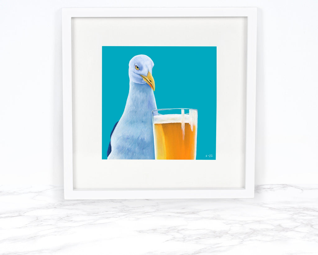 Seagull with Beer Art Print, Funny Food Gift Whimsical Animal Art Watercolor Art Print Watercolor Bird Art Beach Decor Coastal Wall Art