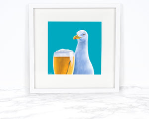 Seagull with Beer Art Print, Funny Food Gift Whimsical Animal Art Watercolor Art Print Watercolor Bird Art Beach Decor Coastal Wall Art