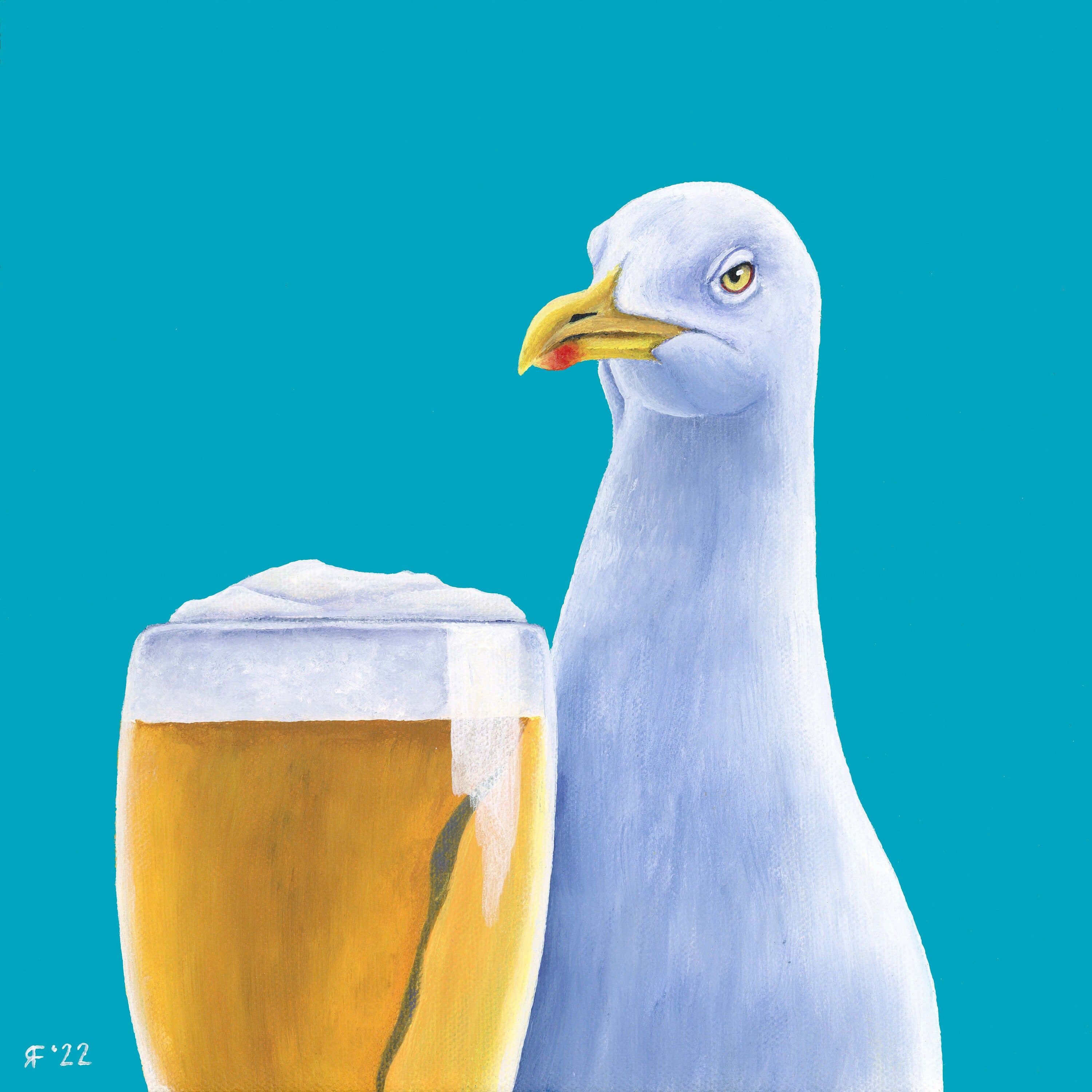 Seagull with Beer Art Print, Funny Food Gift Whimsical Animal Art Watercolor Art Print Watercolor Bird Art Beach Decor Coastal Wall Art