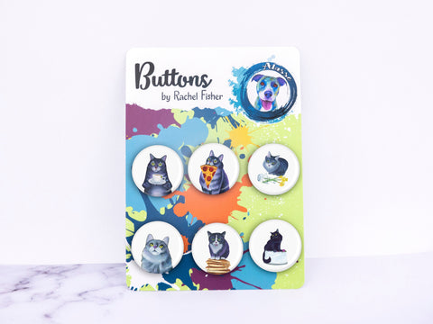 Cats with Coffee and Tea Pinback Button Set, Funny Cat Pin, Funny Cat Pinback Buttons, Backpack Accessory, Cat Gift