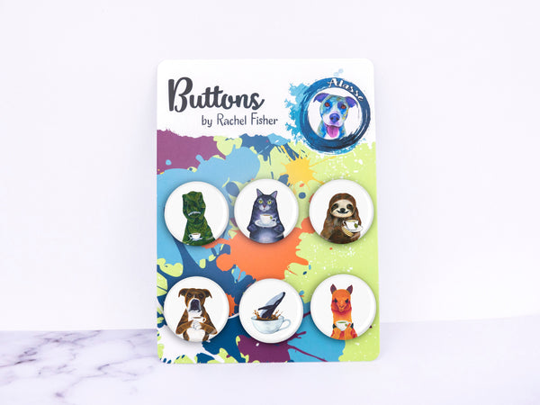 Animals with Coffee and Tea Pinback Button Set, Funny Badge Pins, Coffee Lover Gift, Backpack Accessory, Dinosaur Gift, Animal Pins