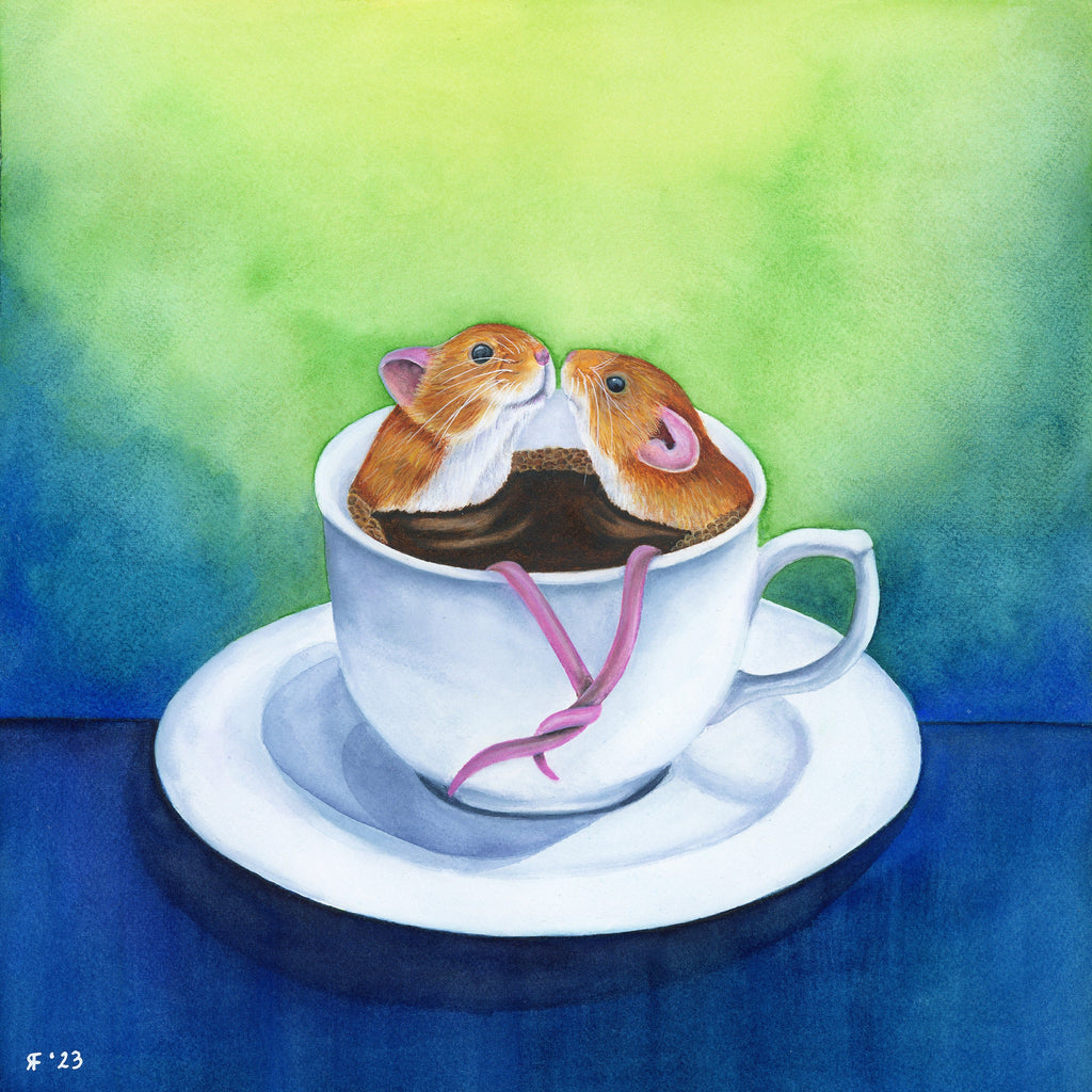 Coffee for Two, Two mice in a coffee cup, Whimsical Animal Art Print, Kitchen Art Print, Coffee gift, Coffee Poster, Coffee Wall Art