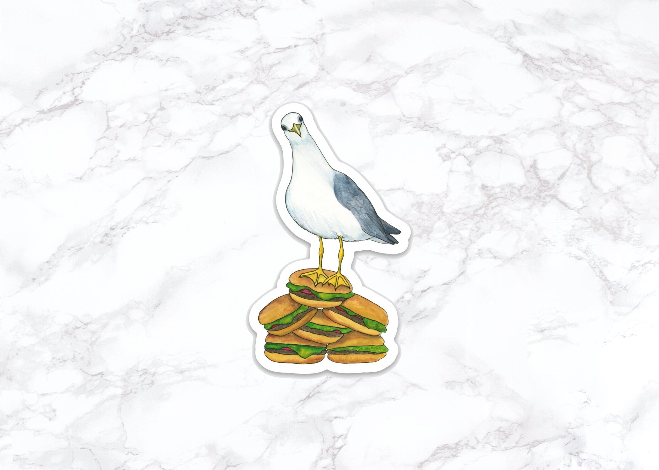 Seagull With Hamburgers Sticker, Water Bottle Stickers, Laptop Stickers, Laptop Decals, Funny Stickers, Watercolor Stickers