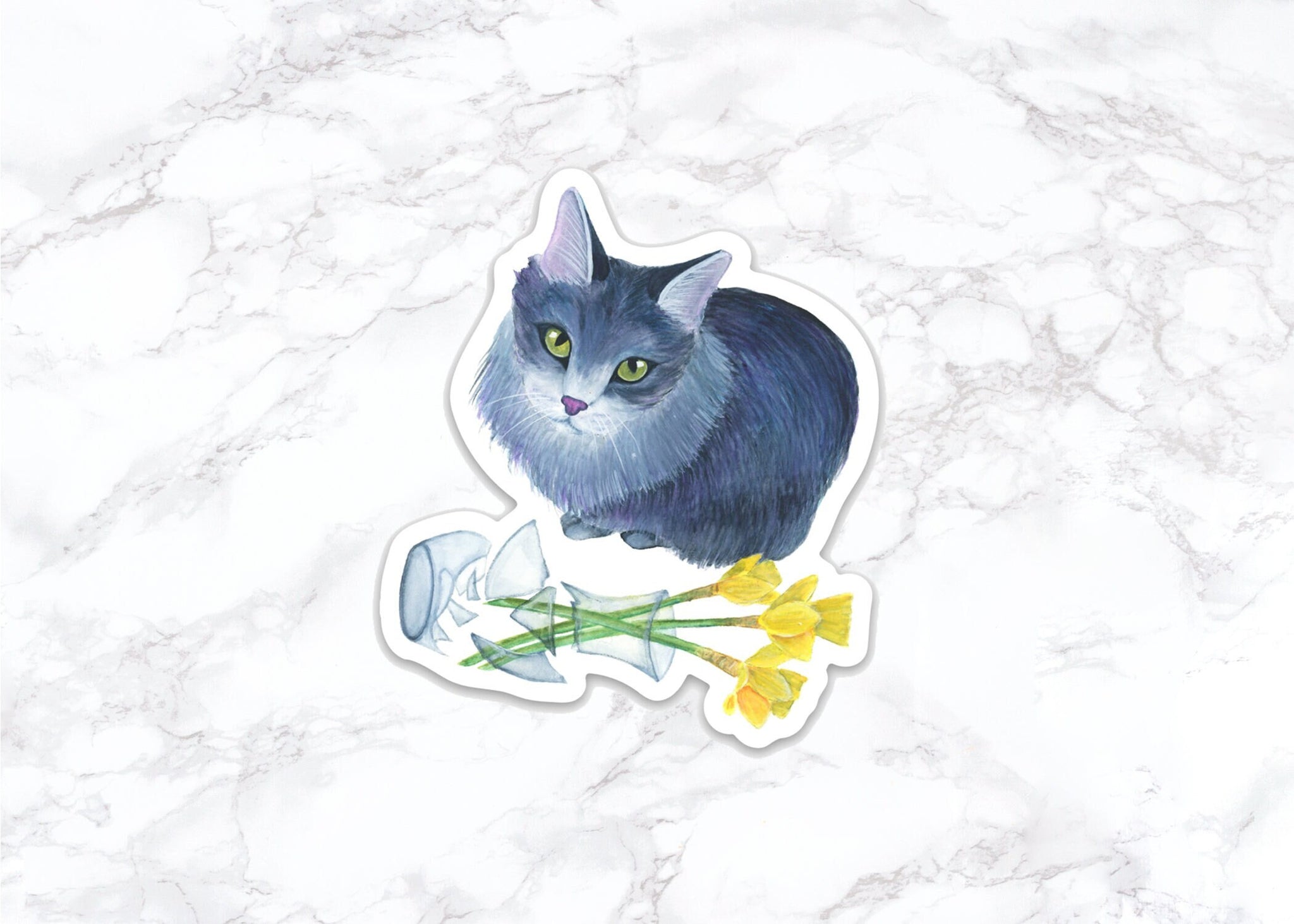 Cat with Broken Vase, Funny Cat Sticker, Water Bottle Stickers, Laptop Stickers, Laptop Decals, Funny Stickers, Watercolor Stickers