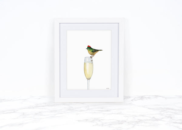 Ruby Crowned Kinglet and Champagne Art Print, Kitchen Wall Art, Food Wall Art, Whimsical Art Print Watercolor Painting, Funny Kitchen Art